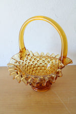 Fenton Glass Amber Handled Hobnail Ruffled Basket