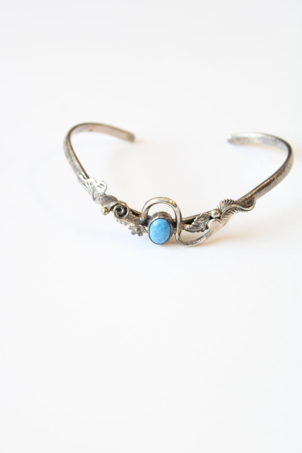 Vintage Feather Swirl Turquoise Sterling Silver Cuff Bracelet