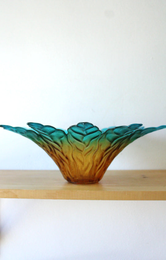 Vintage Murano Glass Teal Amber Glass Tropical Leaf Bowl