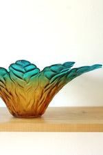 Vintage Murano Glass Teal Amber Glass Tropical Leaf Bowl