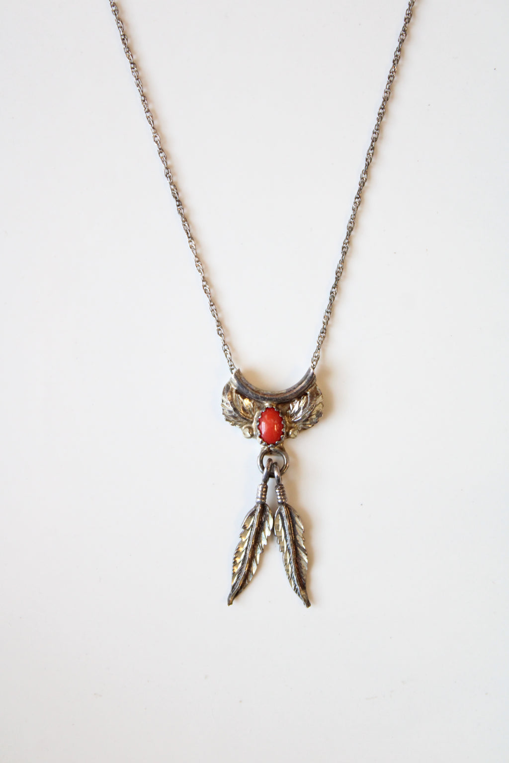 Navajo Coral Feather Sterling Silver Necklace