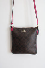 Coach Signature Brown & Fuchsia Trim North/South Crossbody Bag