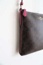 Coach Signature Brown & Fuchsia Trim North/South Crossbody Bag