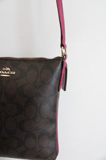 Coach Signature Brown & Fuchsia Trim North/South Crossbody Bag
