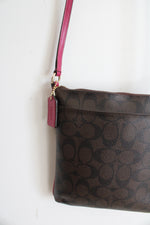 Coach Signature Brown & Fuchsia Trim North/South Crossbody Bag