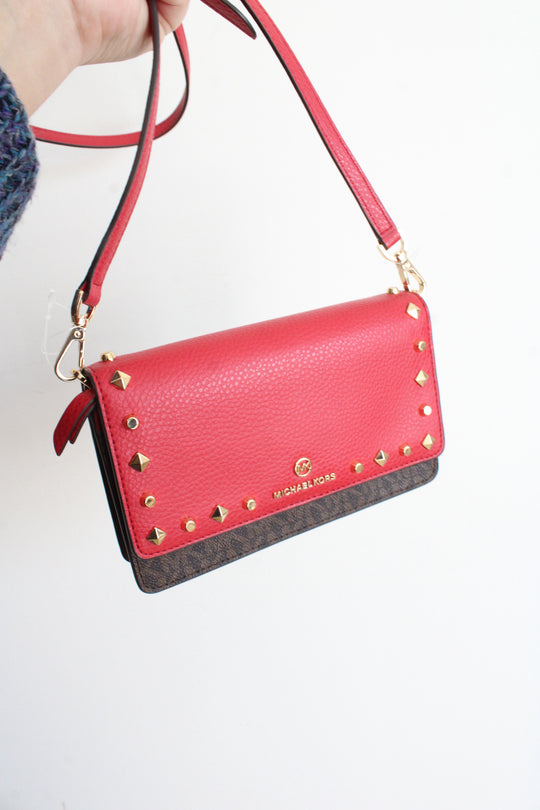 NEW Michael Kors Jet Set Charm Red & Brown Studded Phone Crossbody Bag
