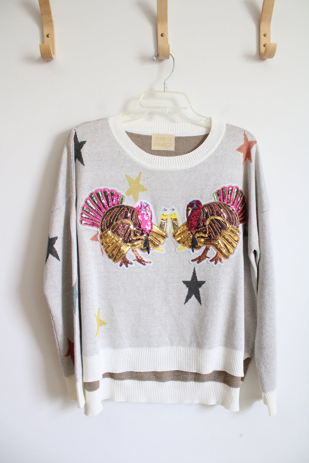 Judith March Sequined Turkey Cheers Cream Star Sweater | S