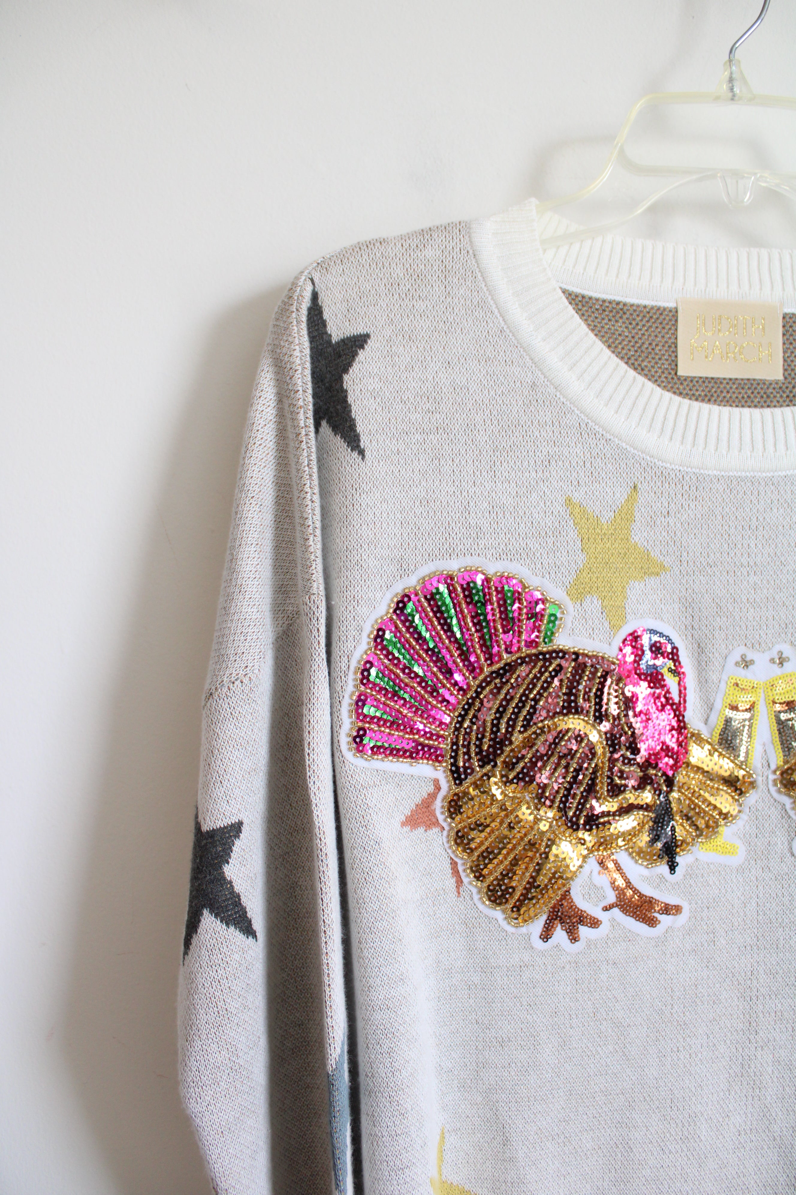 Judith March Sequined Turkey Cheers Cream Star Sweater | S
