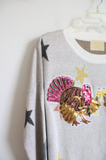 Judith March Sequined Turkey Cheers Cream Star Sweater | S