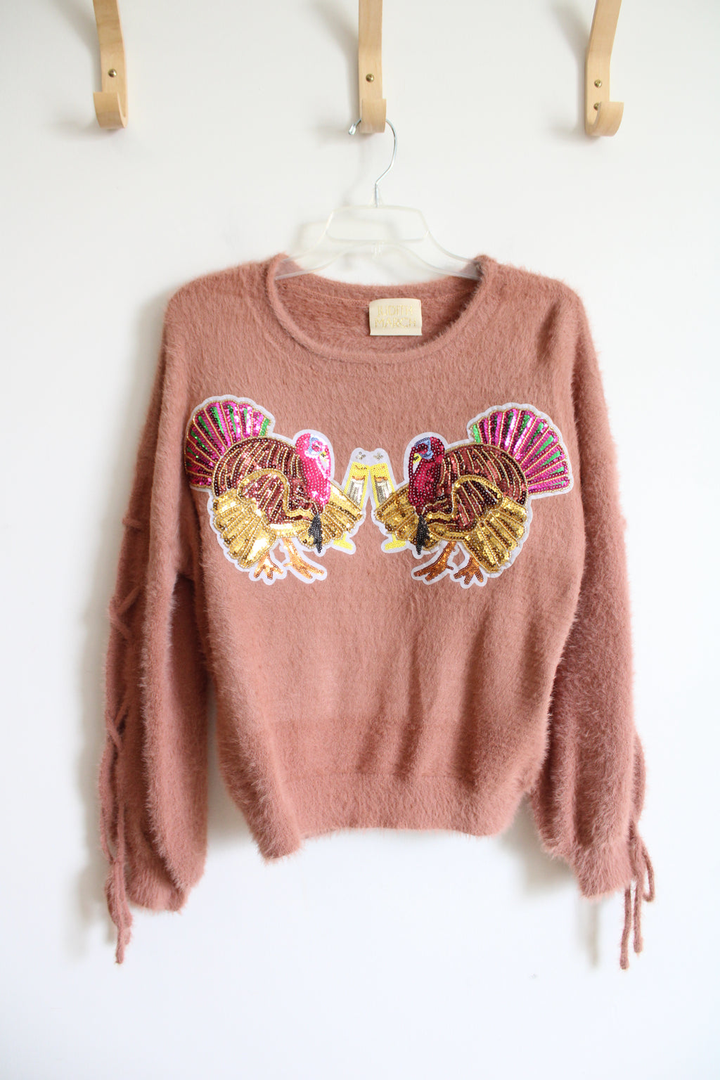 Judith March Sequined Turkey Cheers Dusty Pink Fuzzy Sweater | S