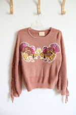 Judith March Sequined Turkey Cheers Dusty Pink Fuzzy Sweater | S