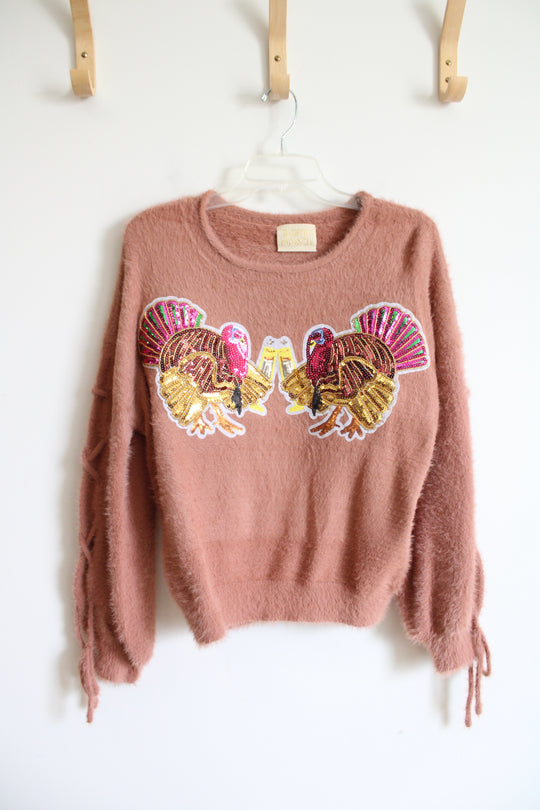 Judith March Sequined Turkey Cheers Dusty Pink Fuzzy Sweater | S