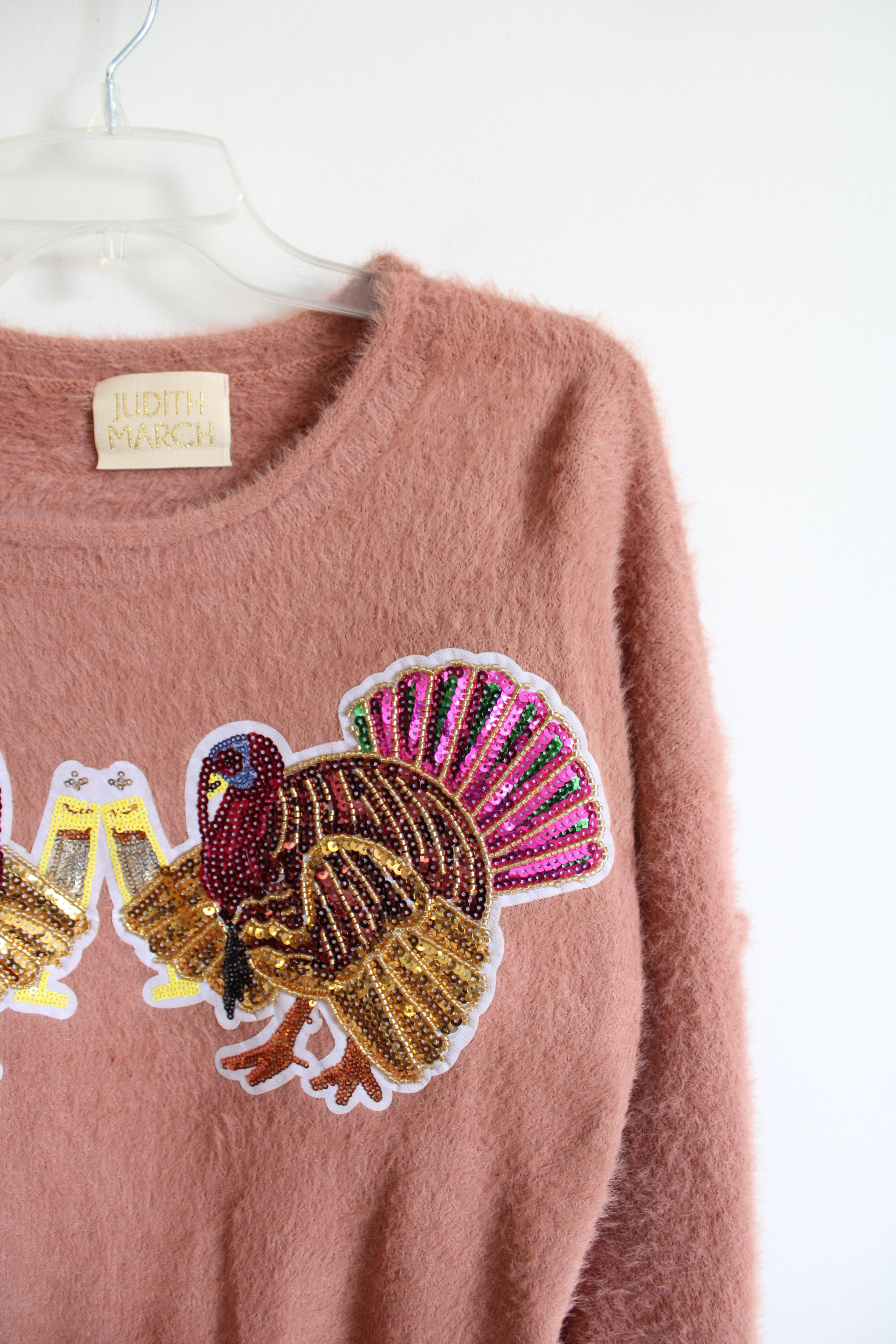 Judith March Sequined Turkey Cheers Dusty Pink Fuzzy Sweater | S
