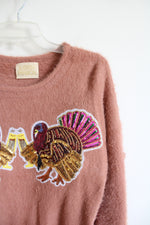 Judith March Sequined Turkey Cheers Dusty Pink Fuzzy Sweater | S