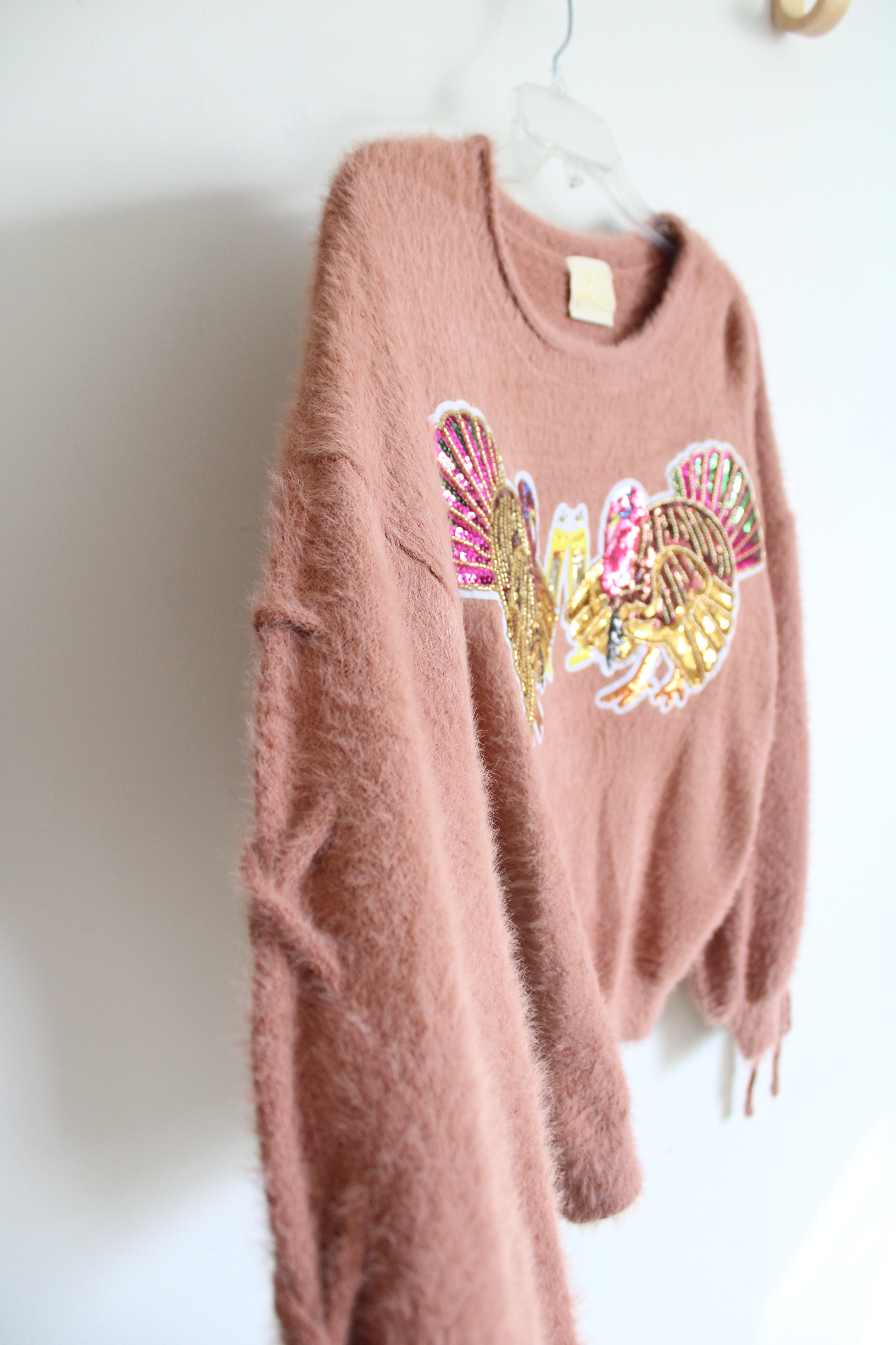 Judith March Sequined Turkey Cheers Dusty Pink Fuzzy Sweater | S