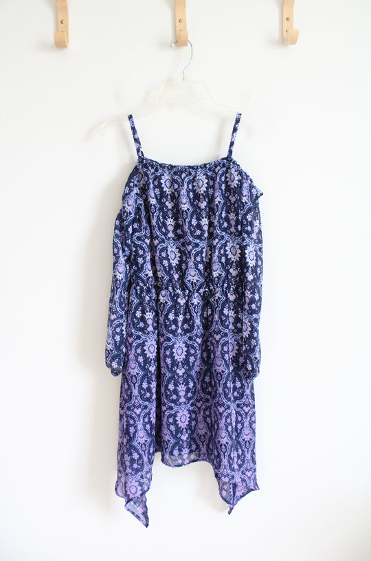 NEW Children's Place Blue & Purple Patterned Cold Shoulder Dress | Youth XL (14)