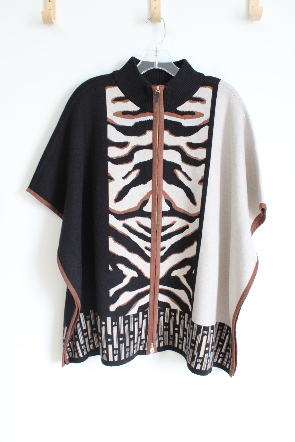 Chico's Black Tan Zebra Print Heavy Knit Poncho Jacket | S/M