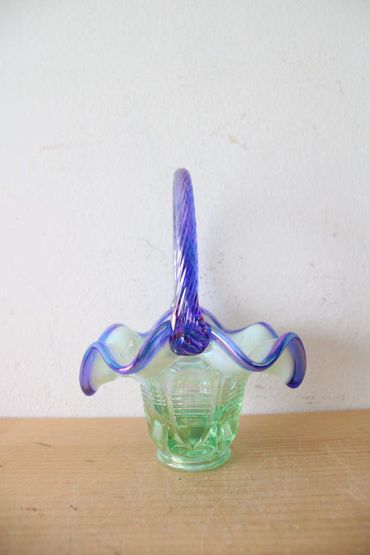 Fenton Green & Blue Ruffled Edge Iridescent Glass Basket