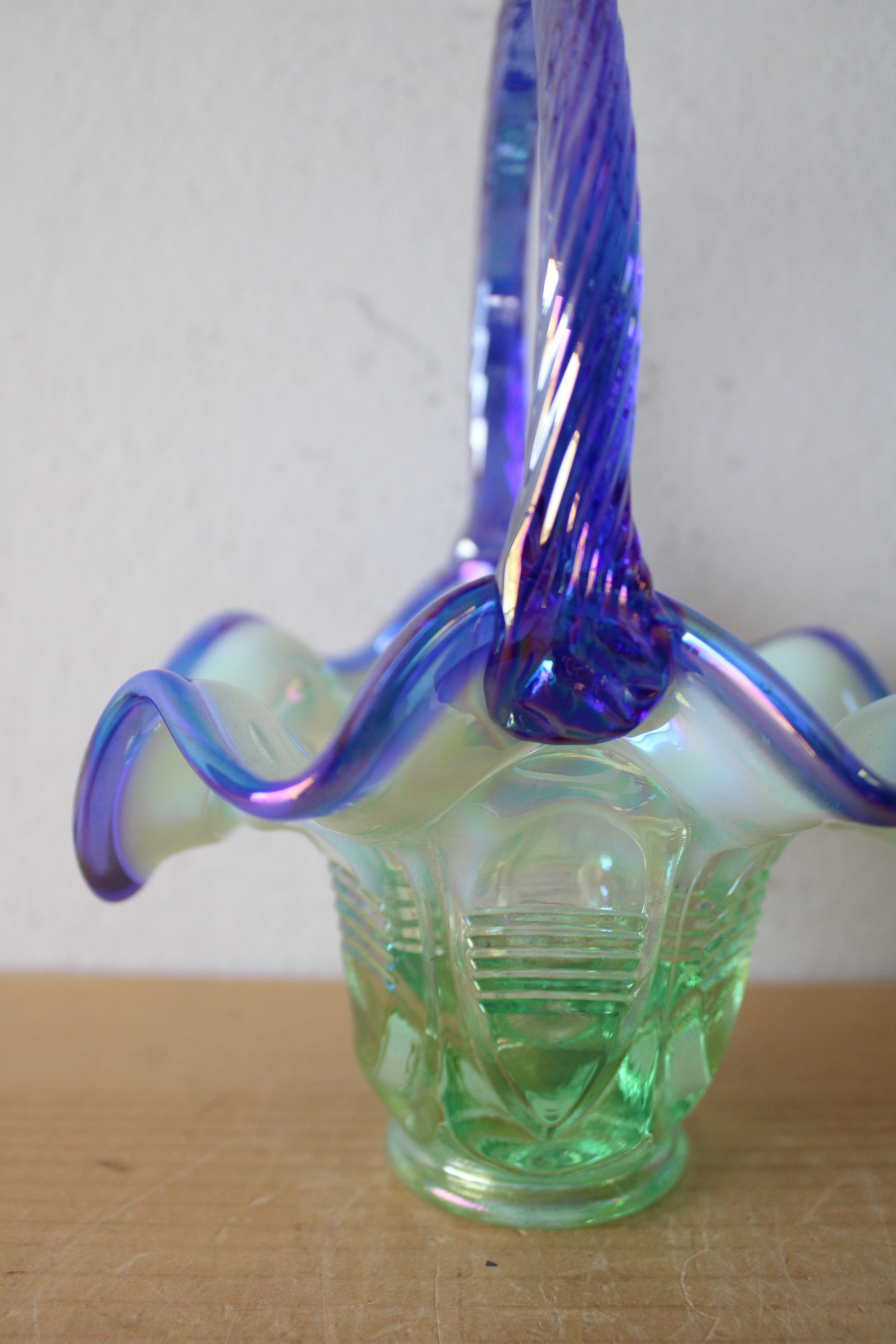 Fenton Green & Blue Ruffled Edge Iridescent Glass Basket