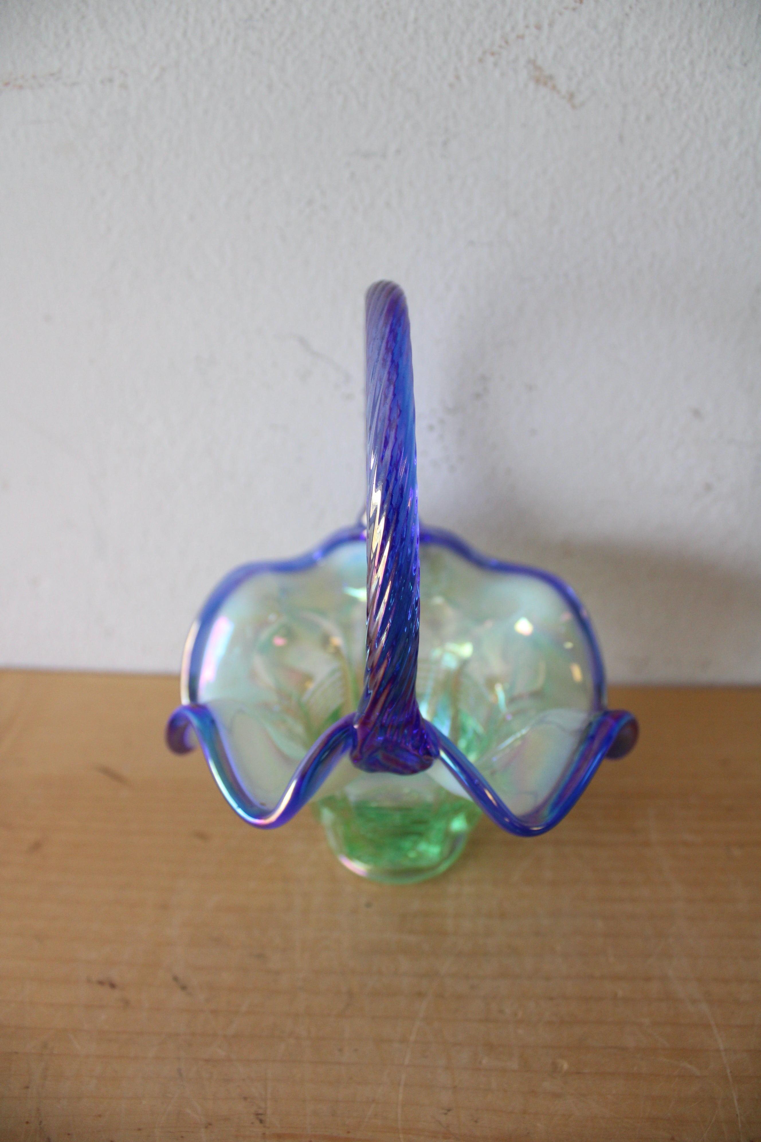 Fenton Green & Blue Ruffled Edge Iridescent Glass Basket