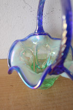 Fenton Green & Blue Ruffled Edge Iridescent Glass Basket