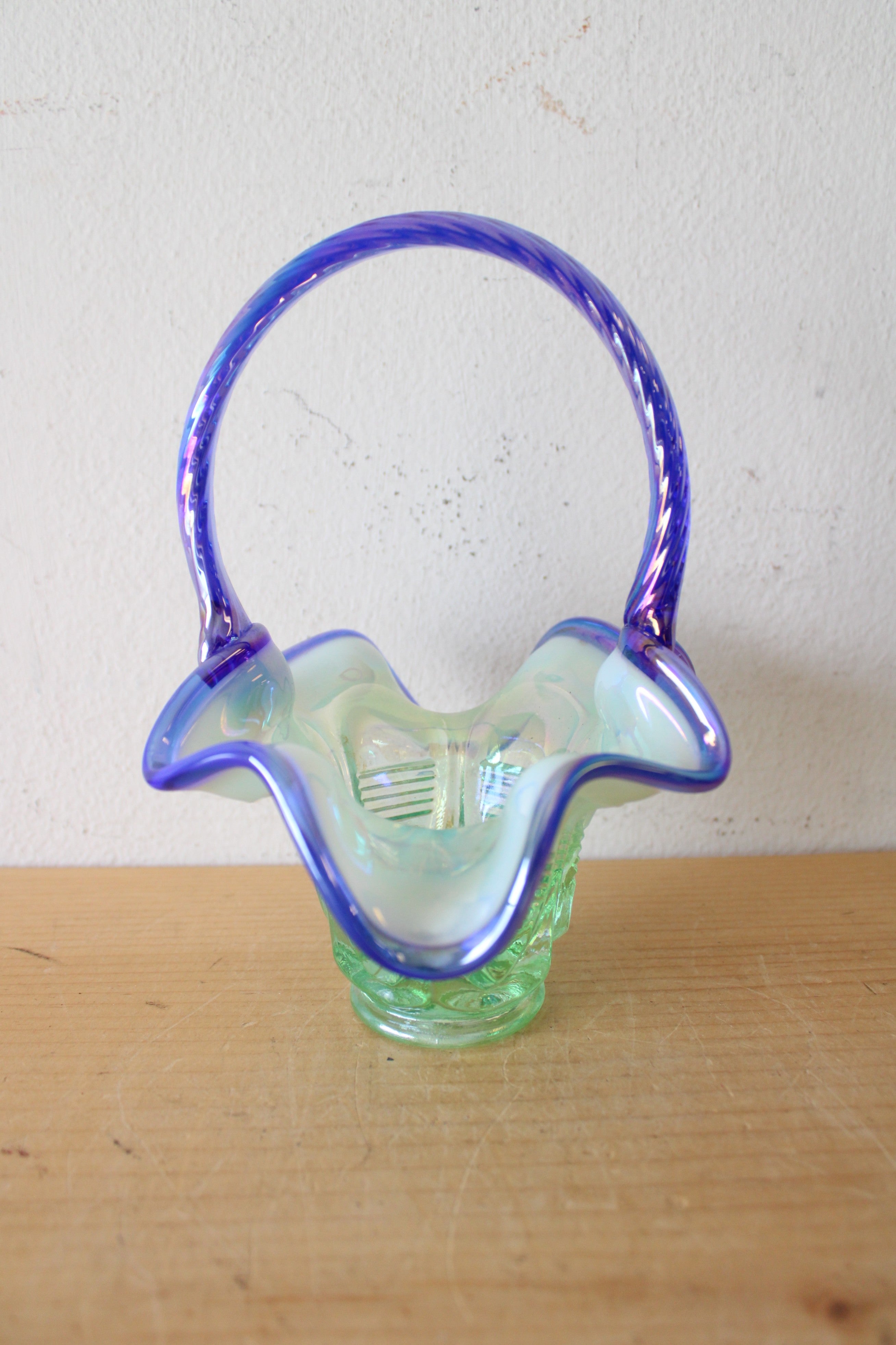 Fenton Green & Blue Ruffled Edge Iridescent Glass Basket