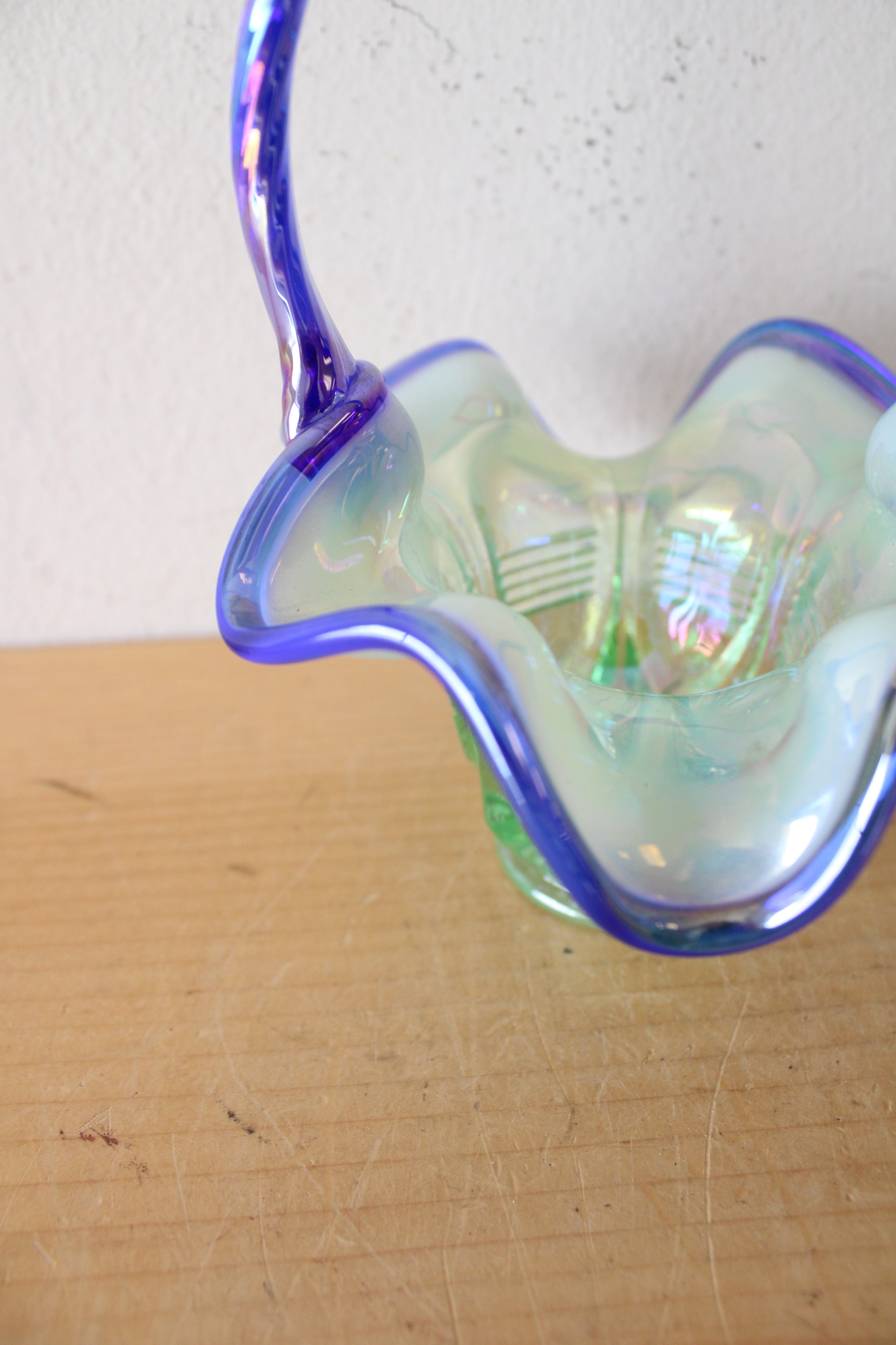 Fenton Green & Blue Ruffled Edge Iridescent Glass Basket