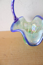 Fenton Green & Blue Ruffled Edge Iridescent Glass Basket
