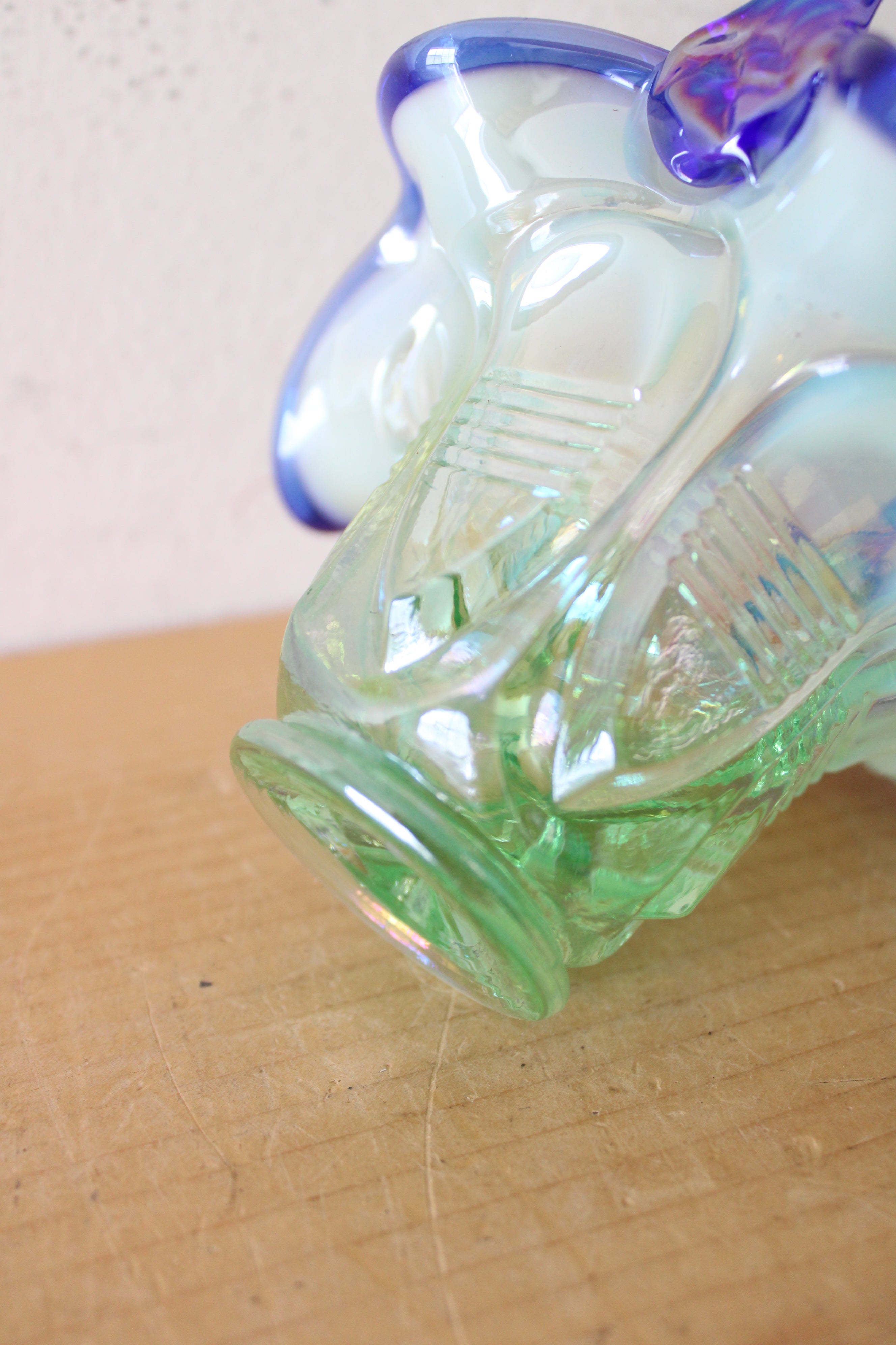 Fenton Green & Blue Ruffled Edge Iridescent Glass Basket