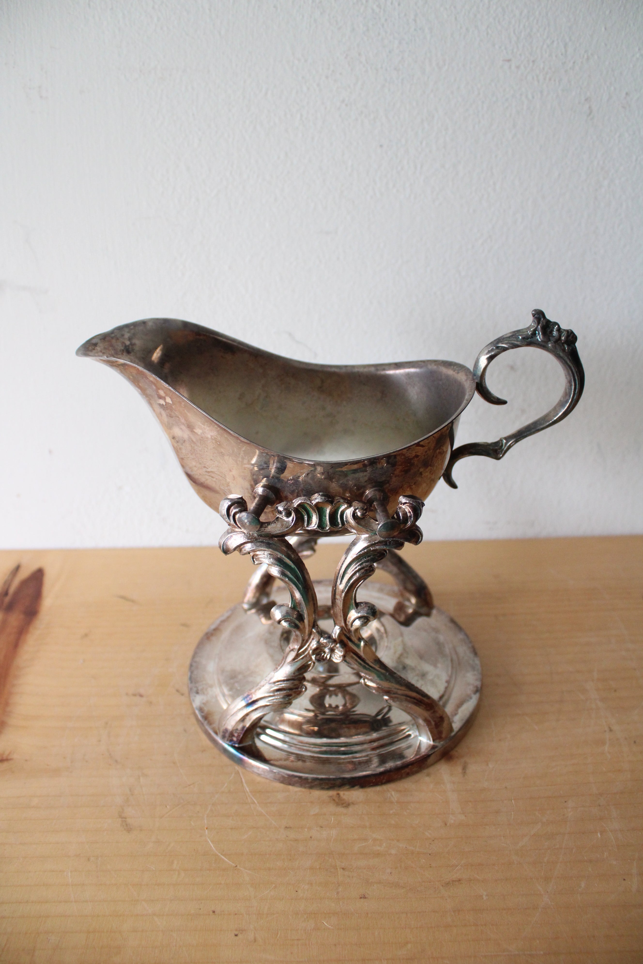 Vintage Silver Plated Gravy Boat & Warming Stand