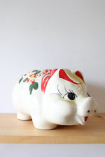 Vintage Hand Painted Red Flower & Bow Ceramic Piggy Bank