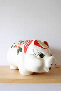 Vintage Hand Painted Red Flower & Bow Ceramic Piggy Bank