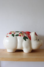 Vintage Hand Painted Red Flower & Bow Ceramic Piggy Bank
