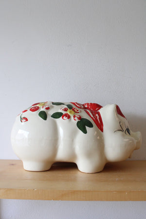 Vintage Hand Painted Red Flower & Bow Ceramic Piggy Bank