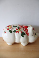 Vintage Hand Painted Red Flower & Bow Ceramic Piggy Bank