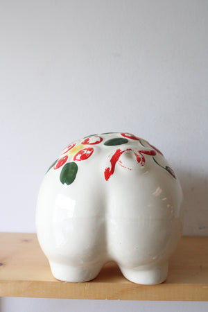 Vintage Hand Painted Red Flower & Bow Ceramic Piggy Bank