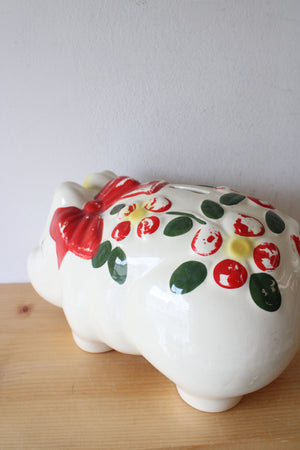 Vintage Hand Painted Red Flower & Bow Ceramic Piggy Bank