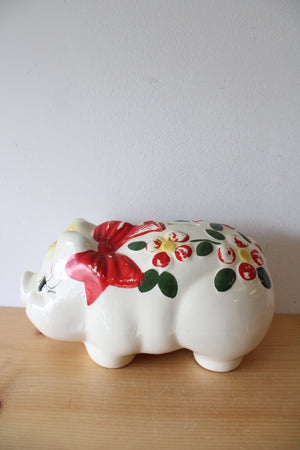 Vintage Hand Painted Red Flower & Bow Ceramic Piggy Bank