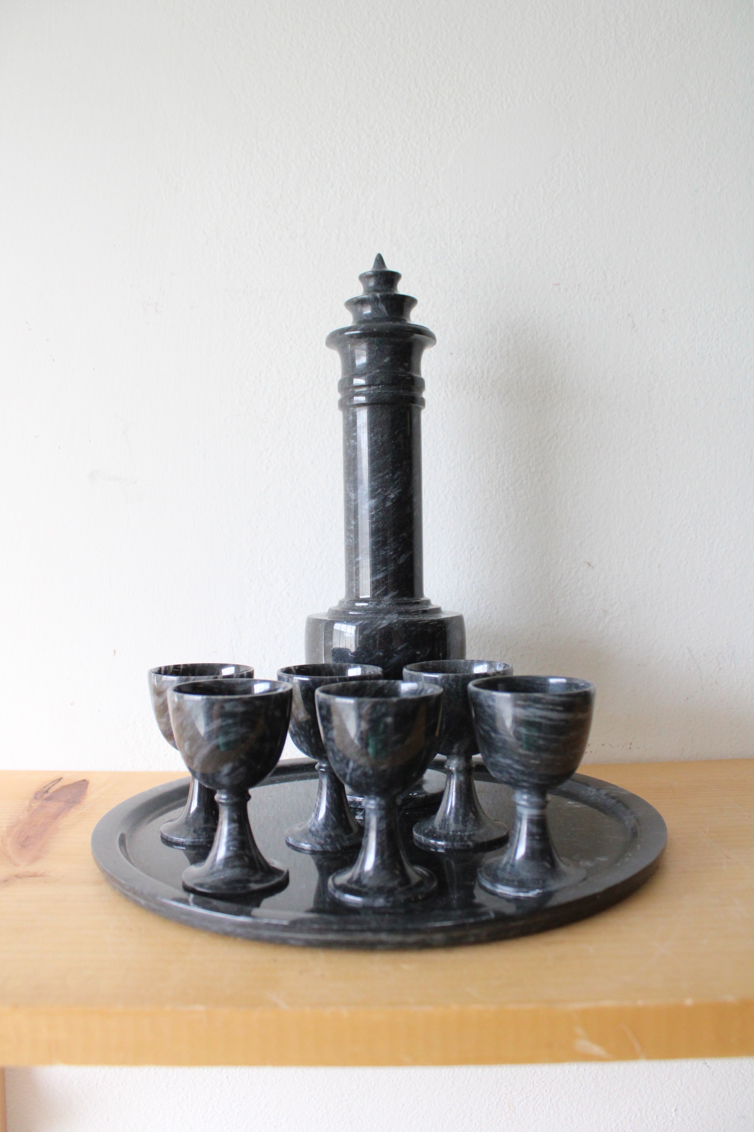 Vintage Black Gray Marble Sake Decanter & Mini Goblet Tray Set
