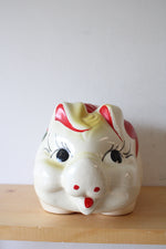 Vintage Hand Painted Red Flower & Bow Ceramic Piggy Bank