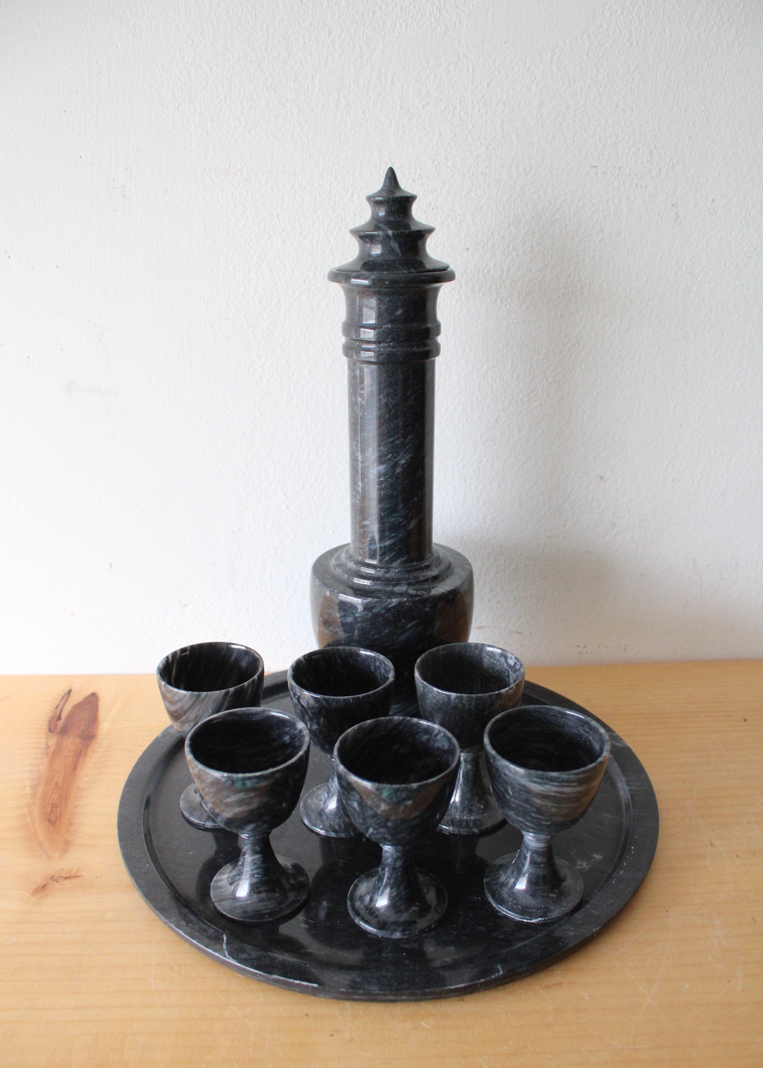 Vintage Black Gray Marble Sake Decanter & Mini Goblet Tray Set