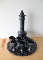 Vintage Black Gray Marble Sake Decanter & Mini Goblet Tray Set