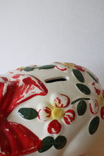 Vintage Hand Painted Red Flower & Bow Ceramic Piggy Bank