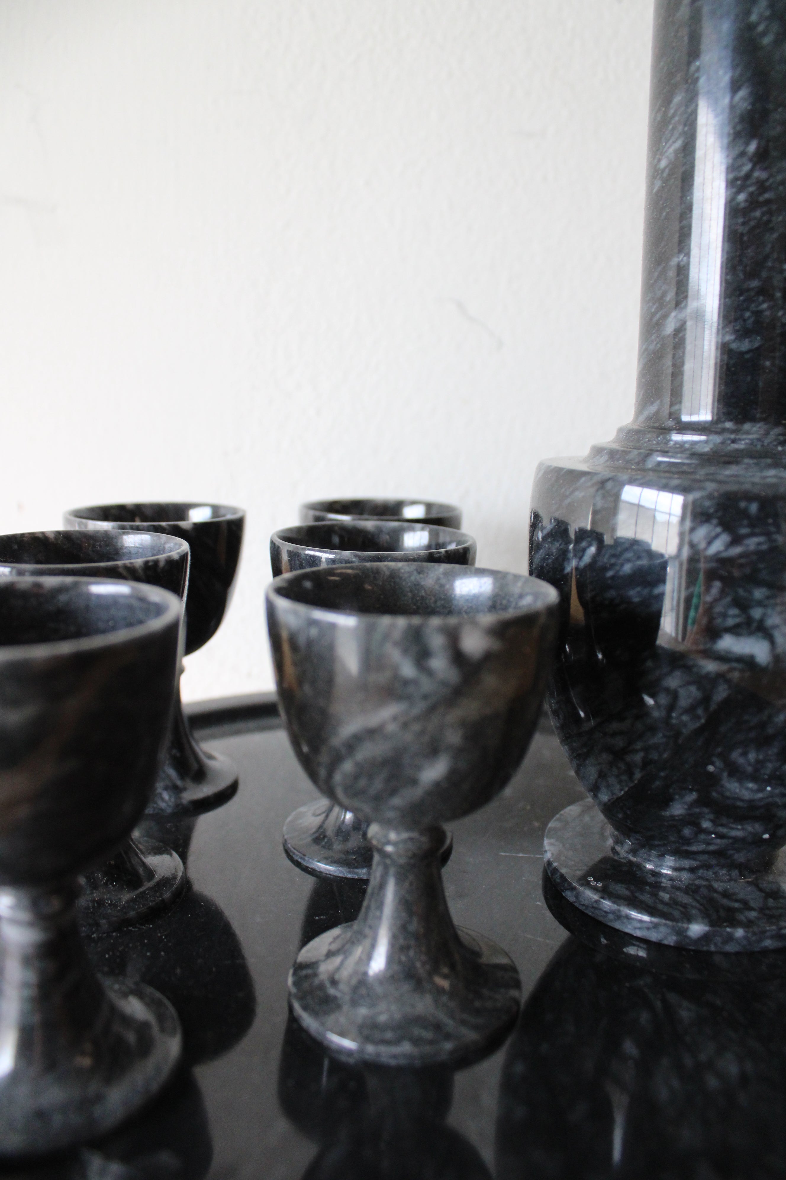 Vintage Black Gray Marble Sake Decanter & Mini Goblet Tray Set