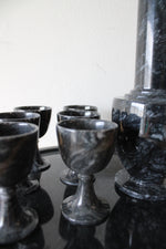 Vintage Black Gray Marble Sake Decanter & Mini Goblet Tray Set