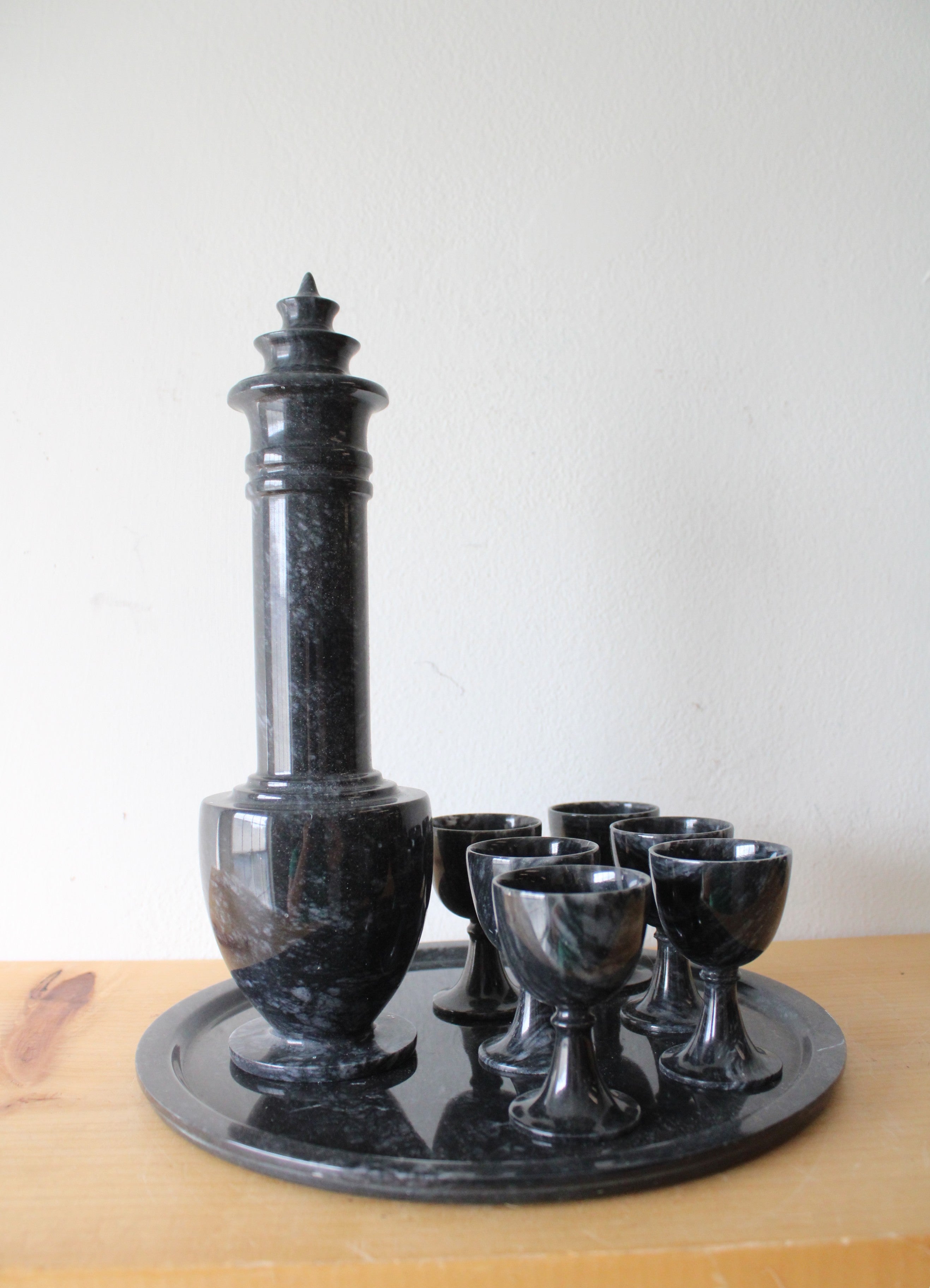 Vintage Black Gray Marble Sake Decanter & Mini Goblet Tray Set