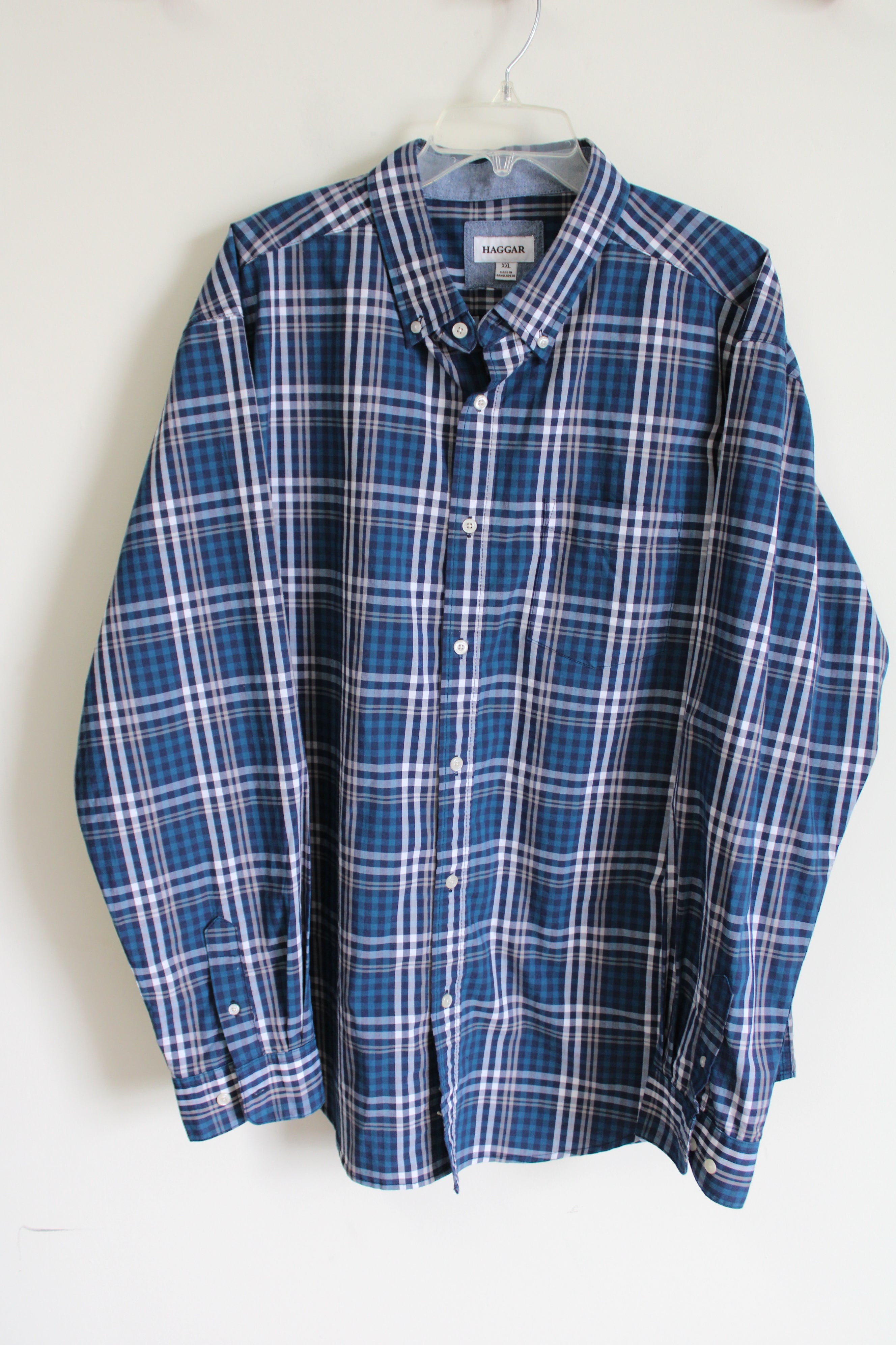 Haggar Blue Plaid Button Down Shirt | XXL