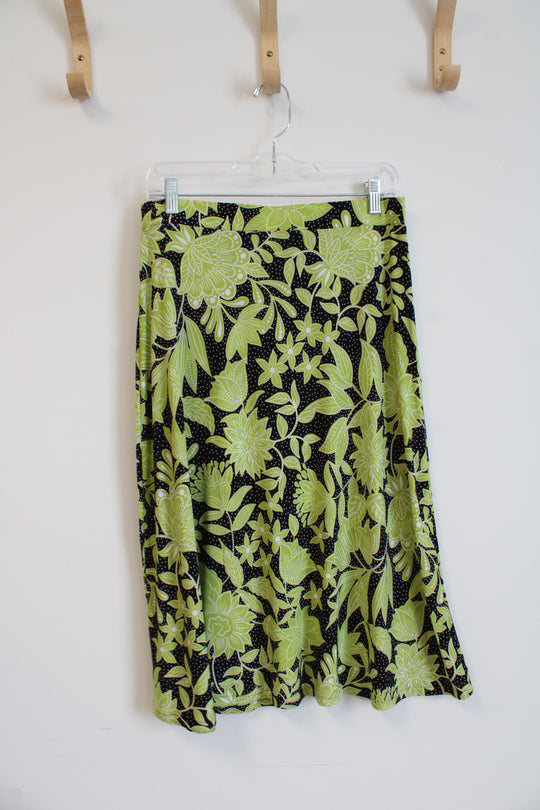 Evan-Picone Black Label Green & Black Floral White Dotted Skirt | M