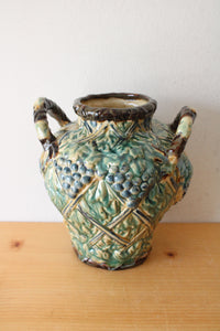 Majolica Grape & Leaf Patterned Handled Pottery Vase