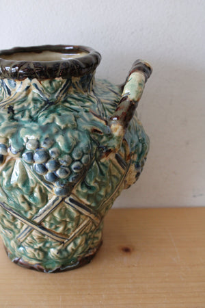 Majolica Grape & Leaf Patterned Handled Pottery Vase